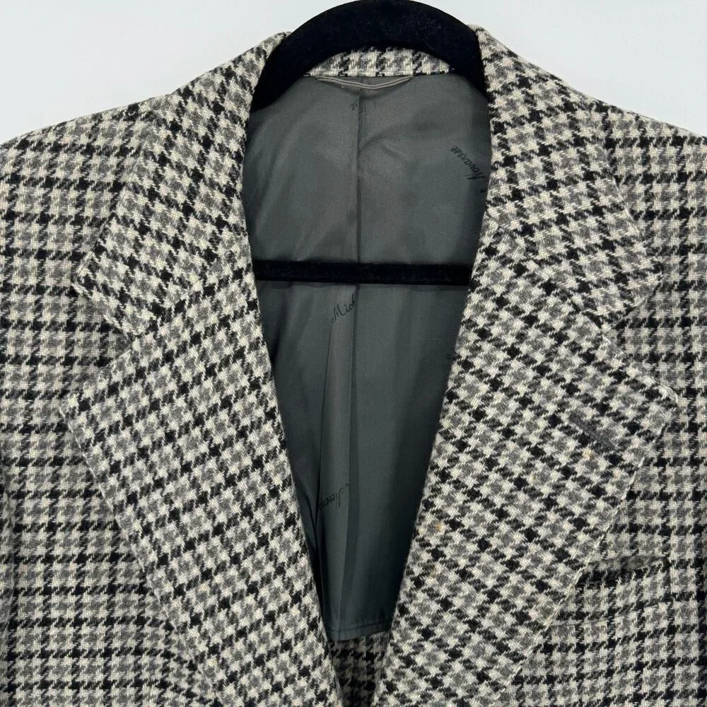 MICHAEL NOVARESE Vintage Beige Black Houndstooth 100% Wool Blazer Size 42R